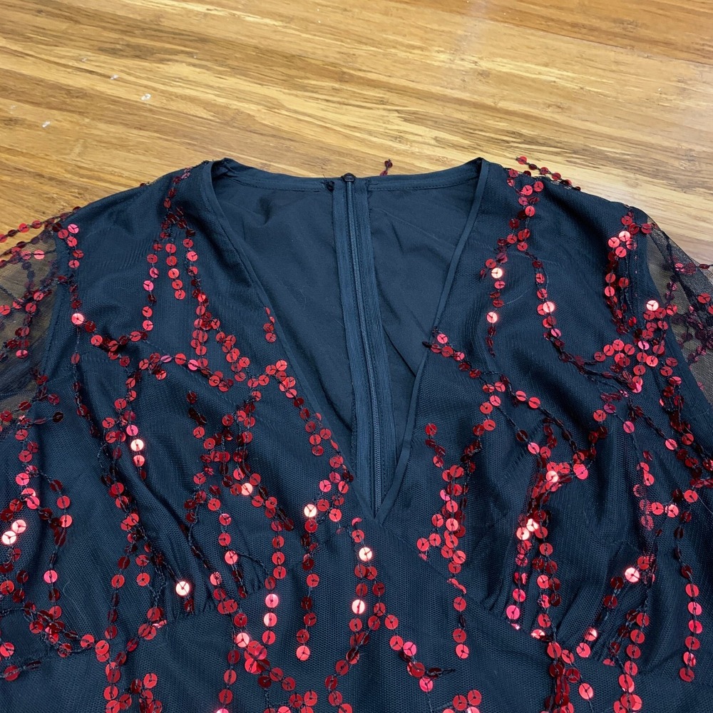 Cupshe Sequin Party Dress Women Size Large Black Red Long Sleeve Mini Mesh Tulle - Picture 2 of 8